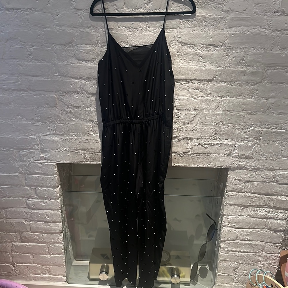 NWT Club Monaco silk black pearl beaded jumpsuit sz 10 pockets!